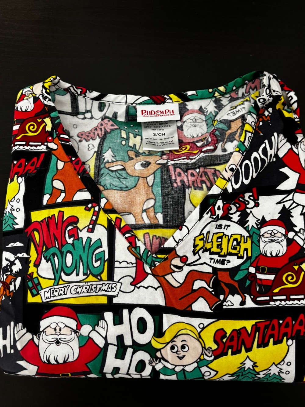 Rudolph Women's Multicolor Christmas Comic Print Scrub Top V-Neck Top